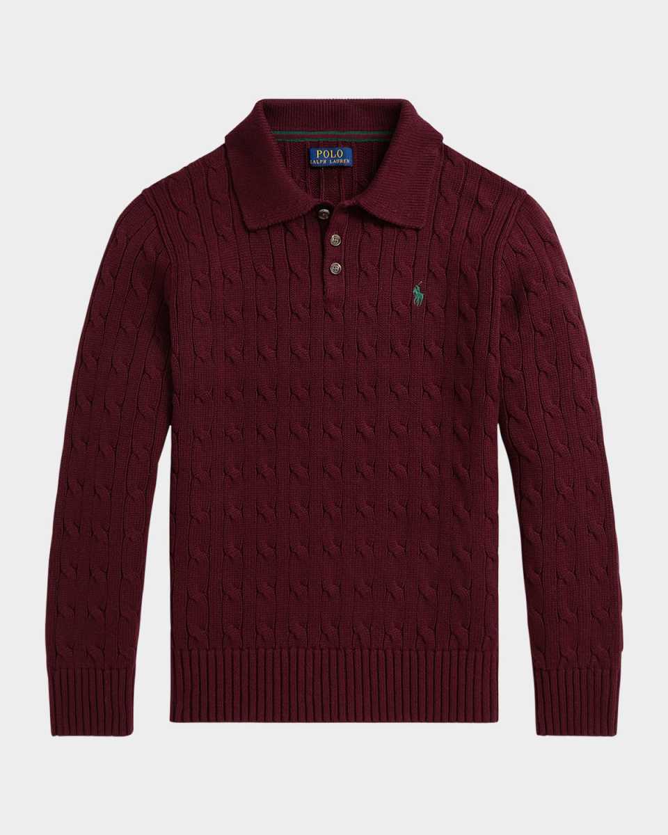 Boy's Cable-Knit Cotton Polo Sweater, Size S-X